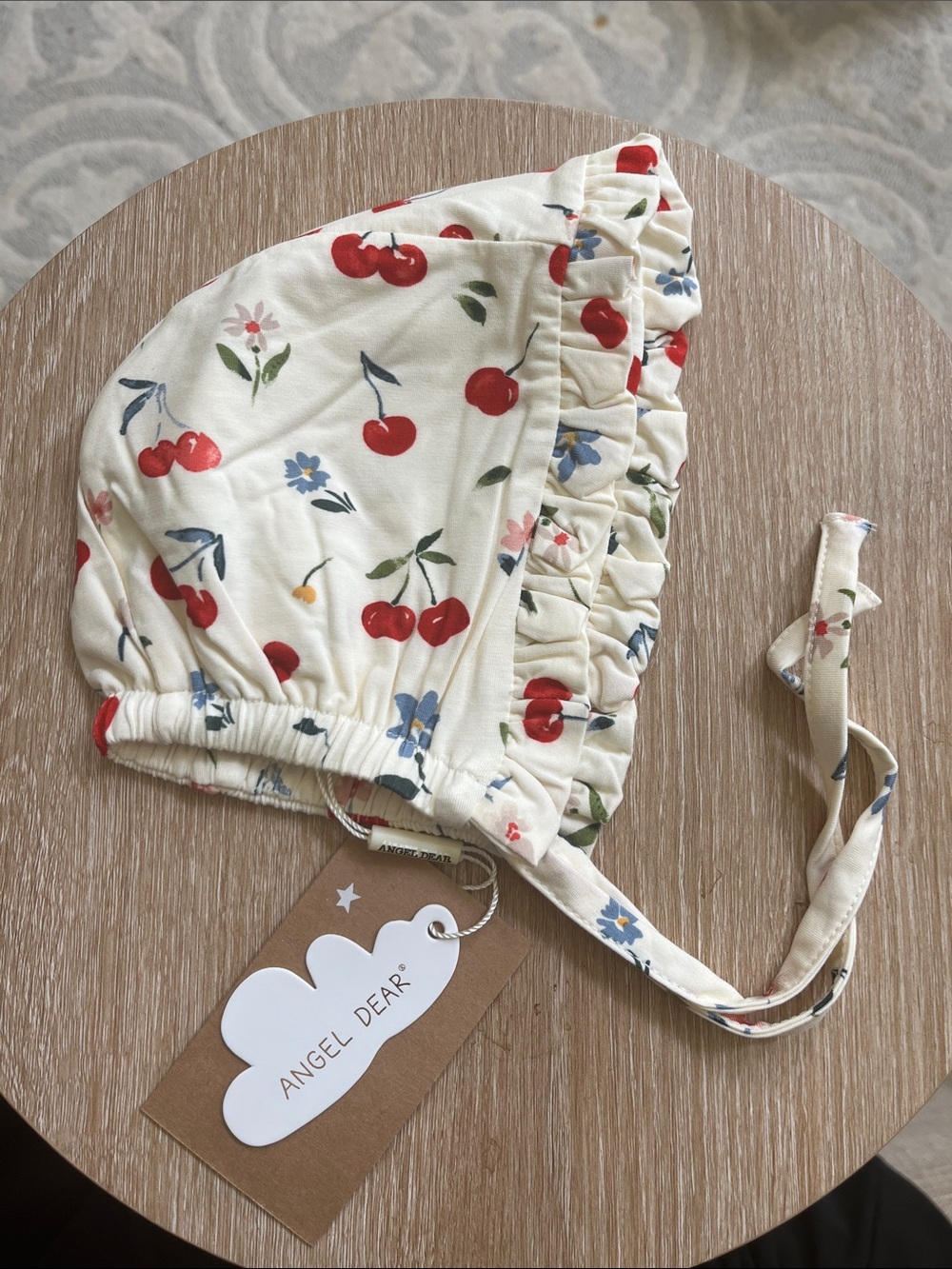 Angel Dear Cream Cherry & Floral Ruffle Bonnet NWT